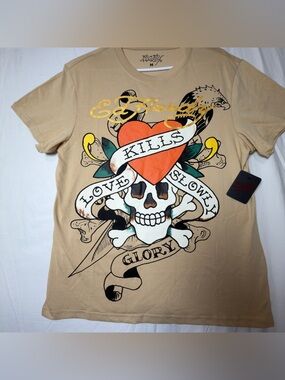 Ed Hardy Skull And Heart Love Kills Slowly Cream Brown T-shirt.